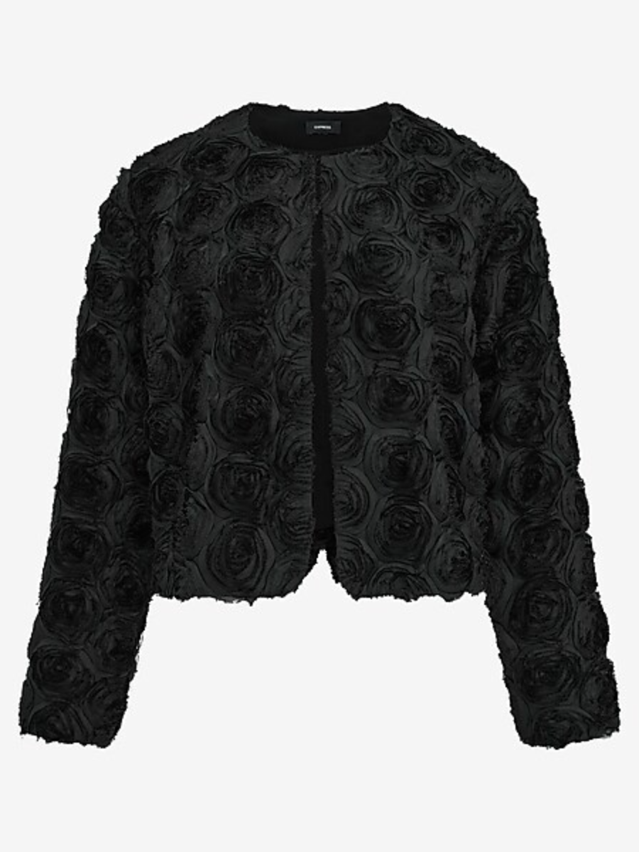 Black 3D Rose Textured Cropped Jacket & Mini Skirt Set