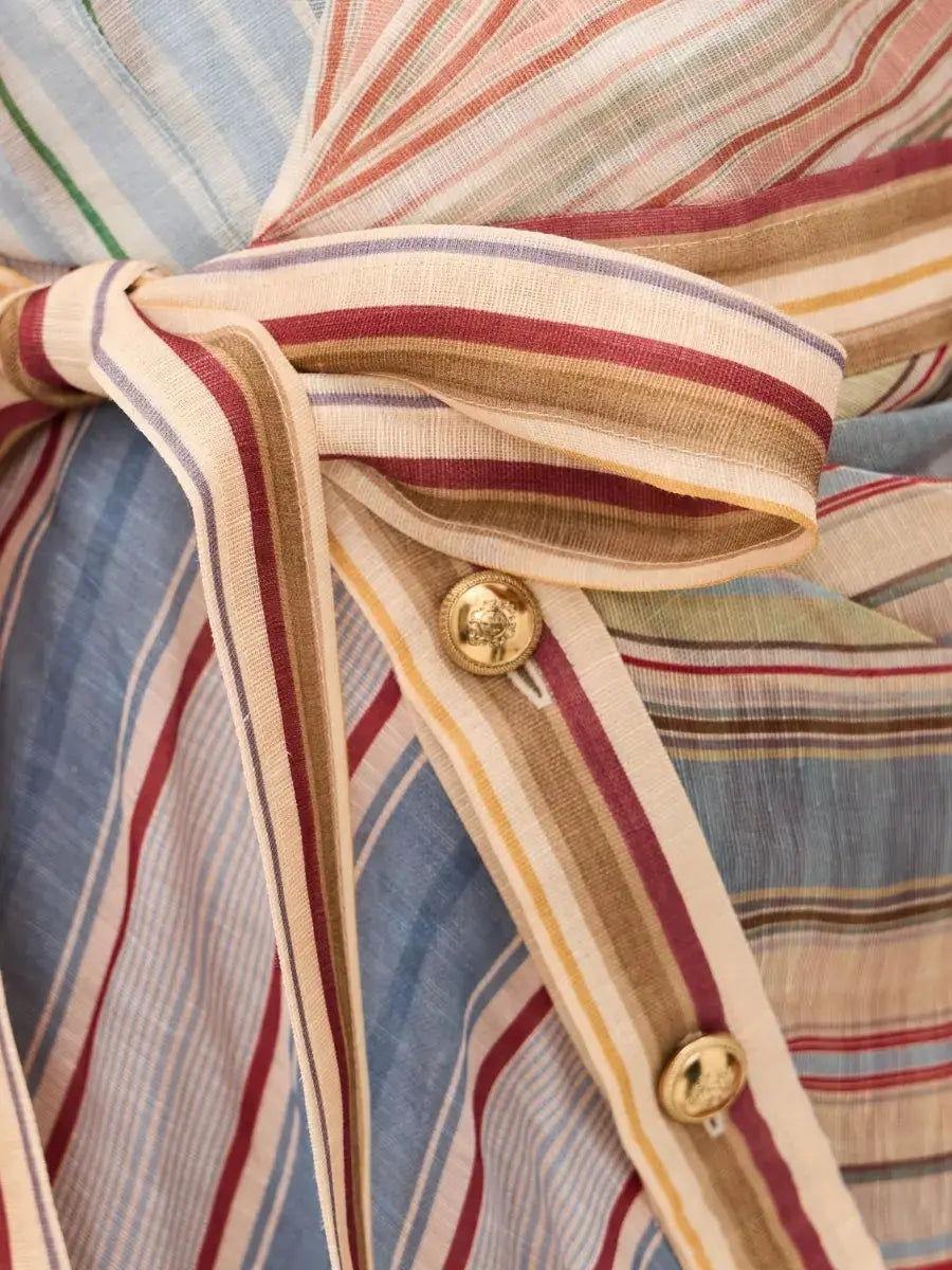 Asymmetric Mixed Stripe Linen Mini Dress - Statement Balloon Sleeve - laseze