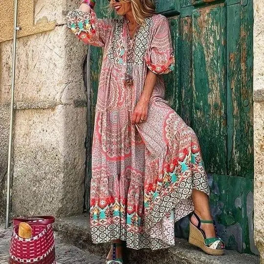 Attractive Vintage Print V-Neck Maxi Dress speciaic