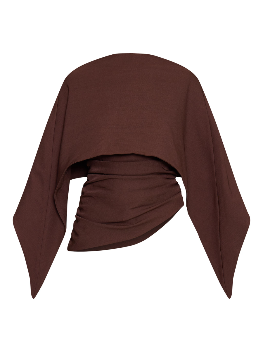 Dark Chocolate Woven Cape Detail Ruched Long Top