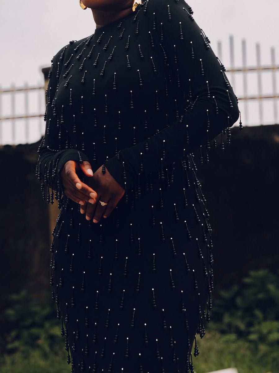 Beaded Fringed Long Sleeve Party Maxi Dress laseze