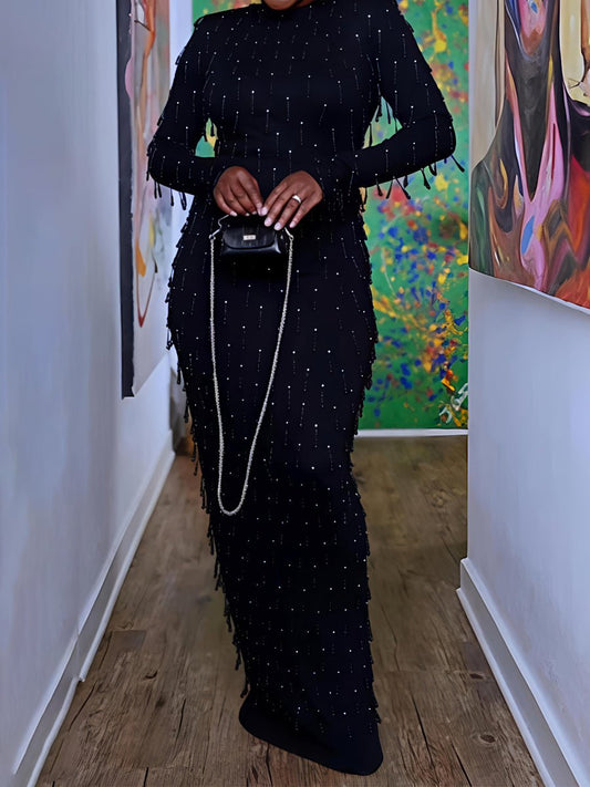 Beaded Fringed Long Sleeve Party Maxi Dress laseze