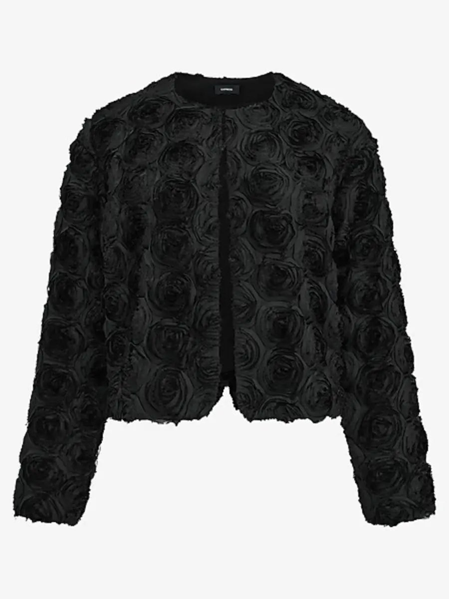 Black 3D Rose Textured Cropped Jacket & Mini Skirt Set laseze