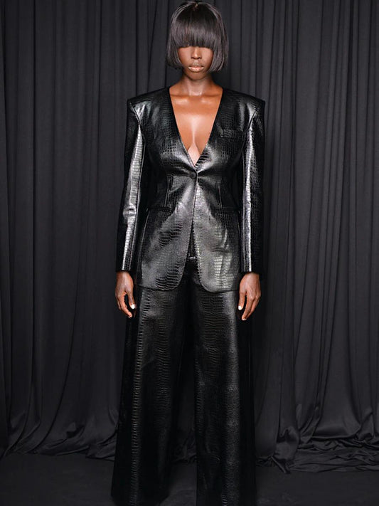 Black Croc-Embossed Faux Leather Power Suit laseze