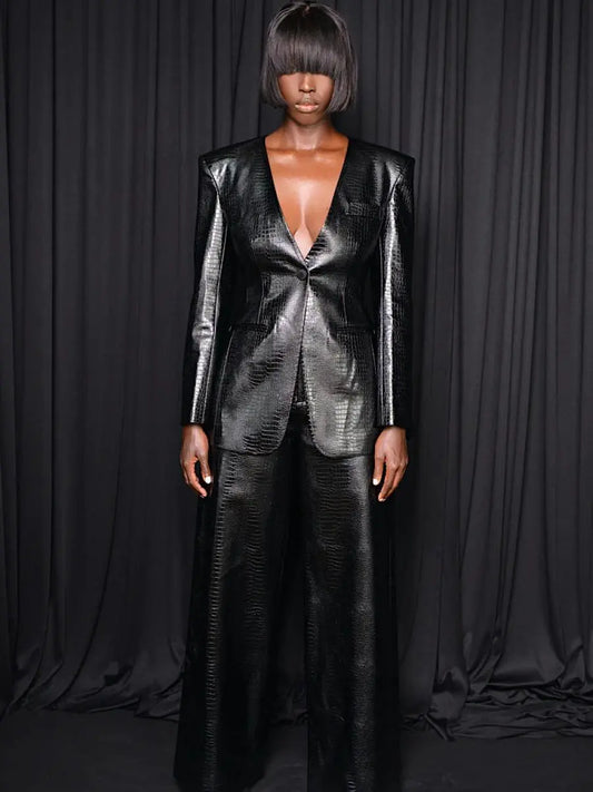 Black Croc-Embossed Faux Leather Power Suit laseze