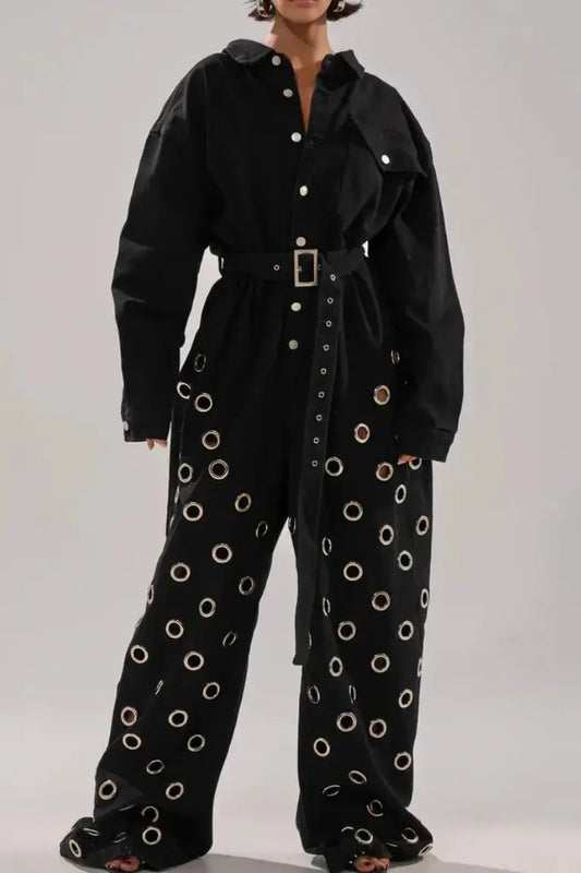 Black Denim Eyelet Wide - Leg Jumpsuit - laseze