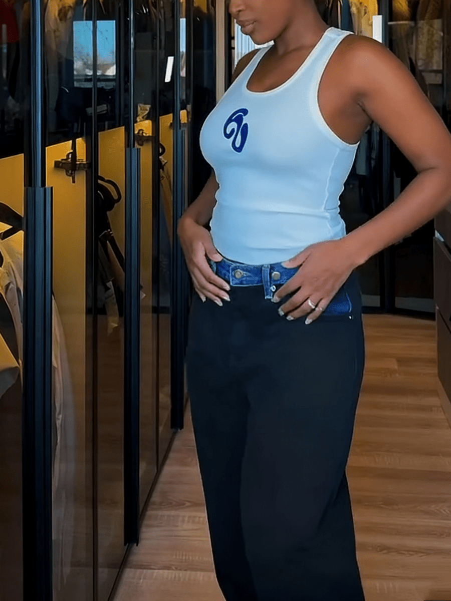 Black Denim-Waist Paneled Wide-Leg Pants laseze