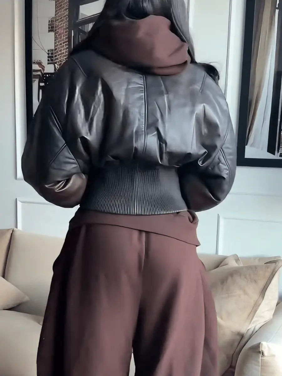 Black Faux Leather Oversized Bomber Jacket laseze