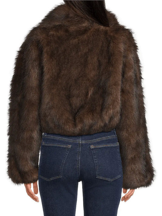 Brown Faux Fur Cropped Bomber Jacket laseze