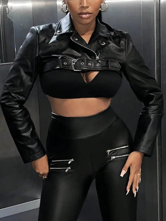 Buckle Detail Crop PU Leather Jacket laseze