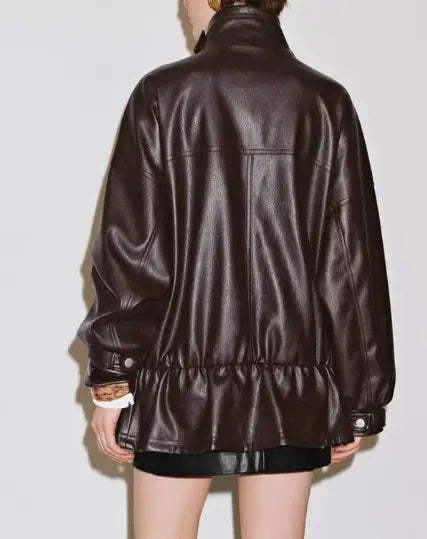 Burgundy Stand Collar Leather Jacket voguety