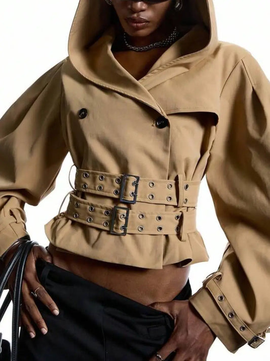 Camel Puff-Sleeve Trench Jacket With Double Buckle Belt laseze