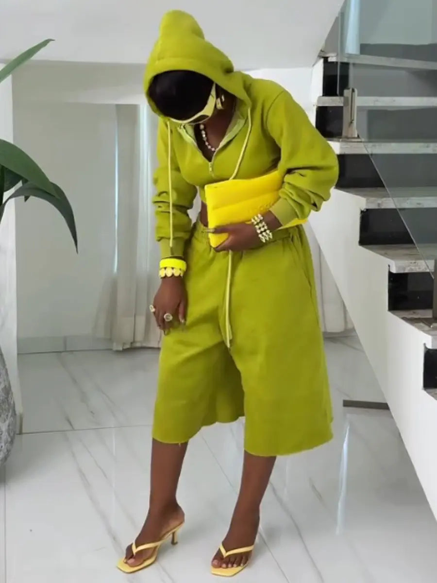 Casual Lime Green Cropped Zip - Up Hoodie & Wide Leg Shorts Set - laseze