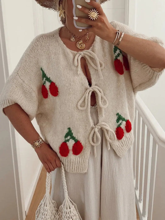 Cherry Embroidered Jacquard Cardigan speciaic