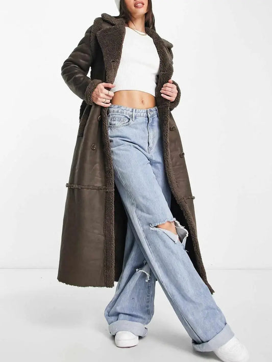 Chocolate Brown Faux Suede Longline Belted Coat voguety