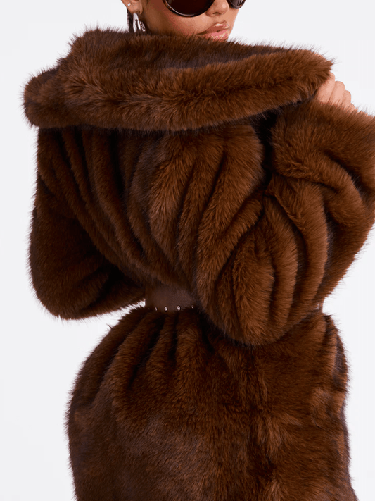 Chocolate Brown Oversized Collar Maxi Faux Fur Coat laseze