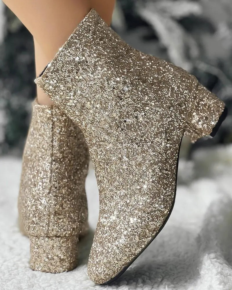 Christmas Glitter Side Zipper Chunky Heel Sequin Ankle Boots haichic