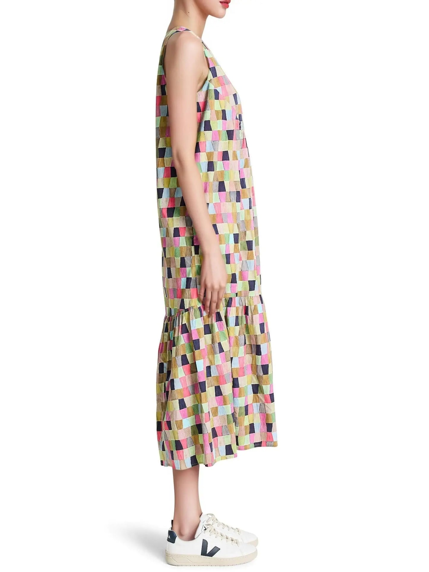 Colorfield Print Split V-Neck Sleeveless Ruffle Dress chicsfit