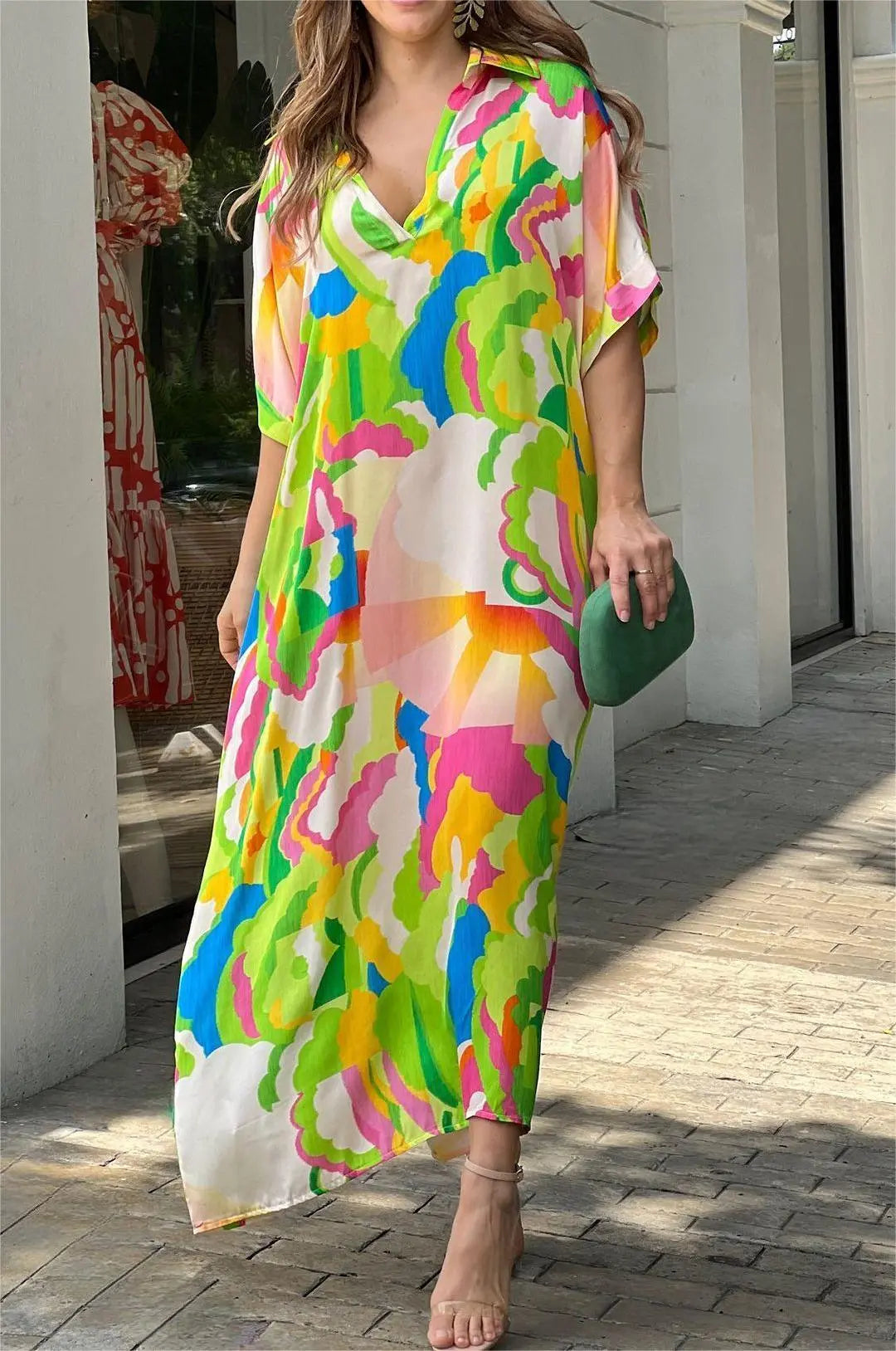 Colorful Print V-neck Loose Dress speciaic