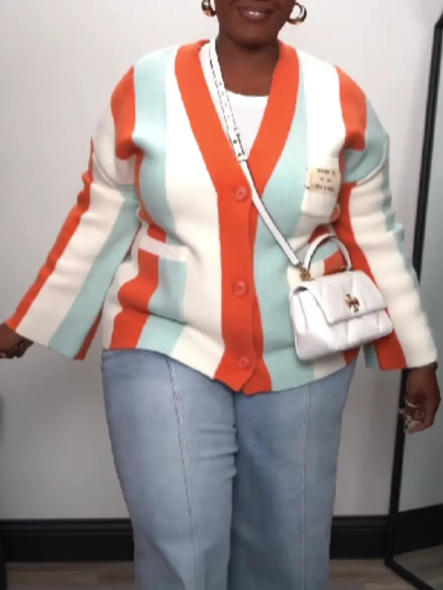 Contrast Bohemian Striped Knit Cardigan laseze