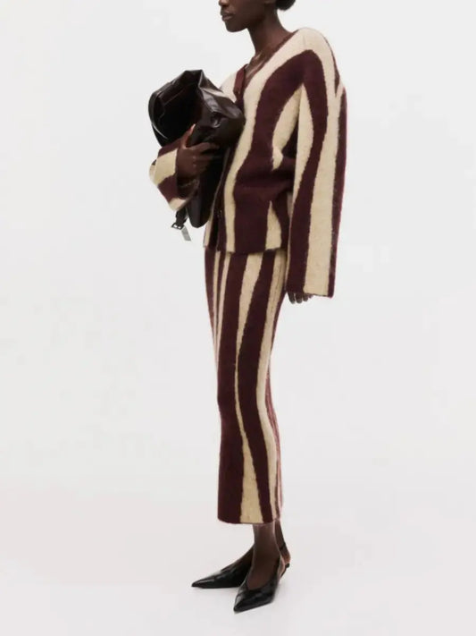 Contrast Color Coarse Stripe V - Neck Skirt Set - laseze