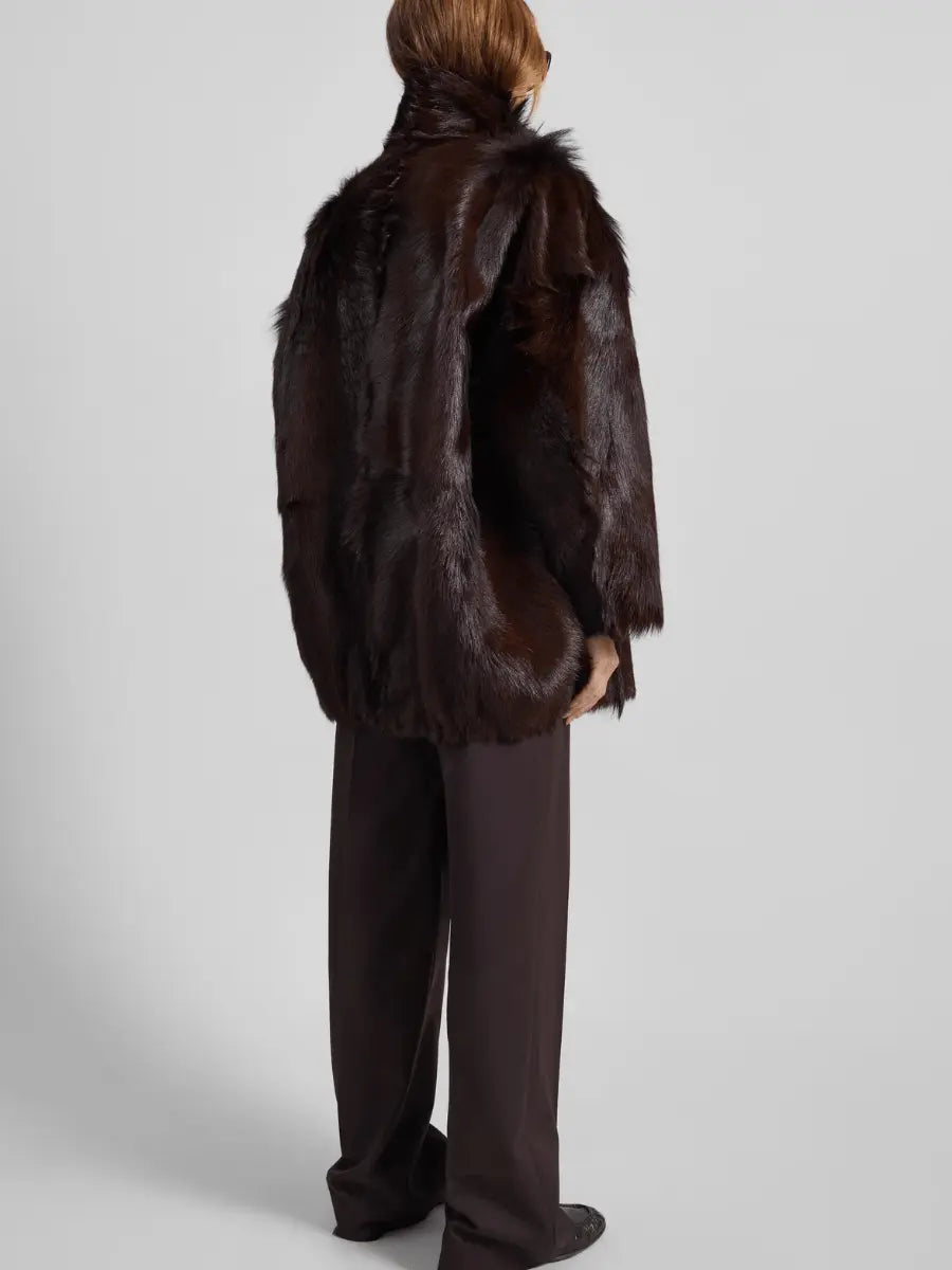 Dark Brown Button-Front Faux Fur Oversized Coat laseze