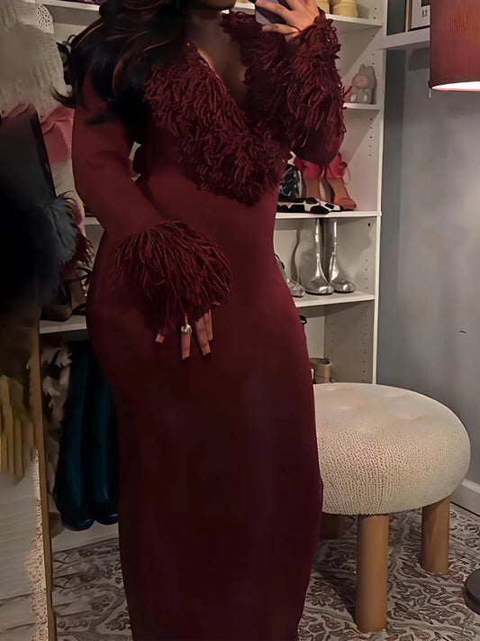 Deep V-Neck Faux Fur Trim Sweater Maxi Dress laseze