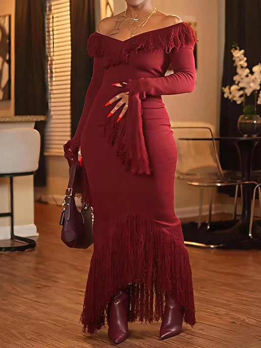 Deep V Neck Fringed Slit Hem Maxi Dress laseze