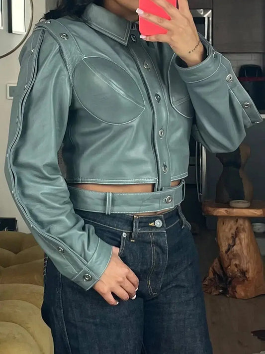 Detachable Belt Buttons PU Jacket - laseze