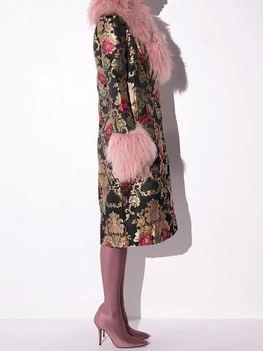 Detachable Faux Fur Patchwork Floral Print Coat laseze