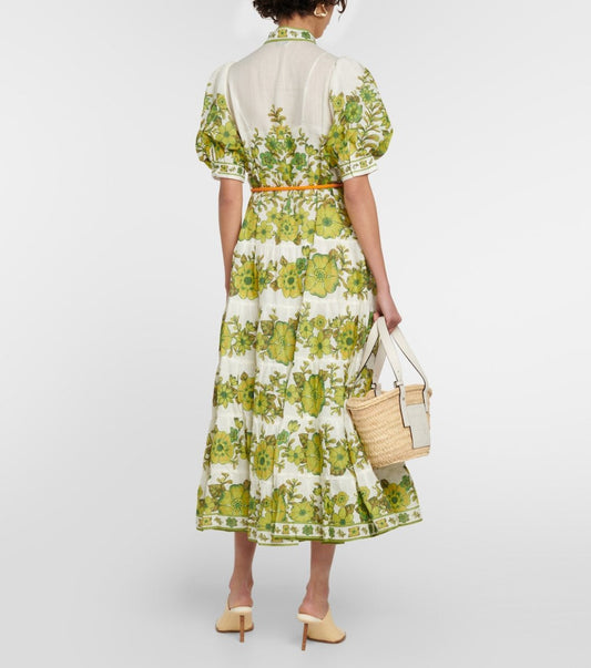 Digital Print Puff Sleeve Midi Dress - laseze