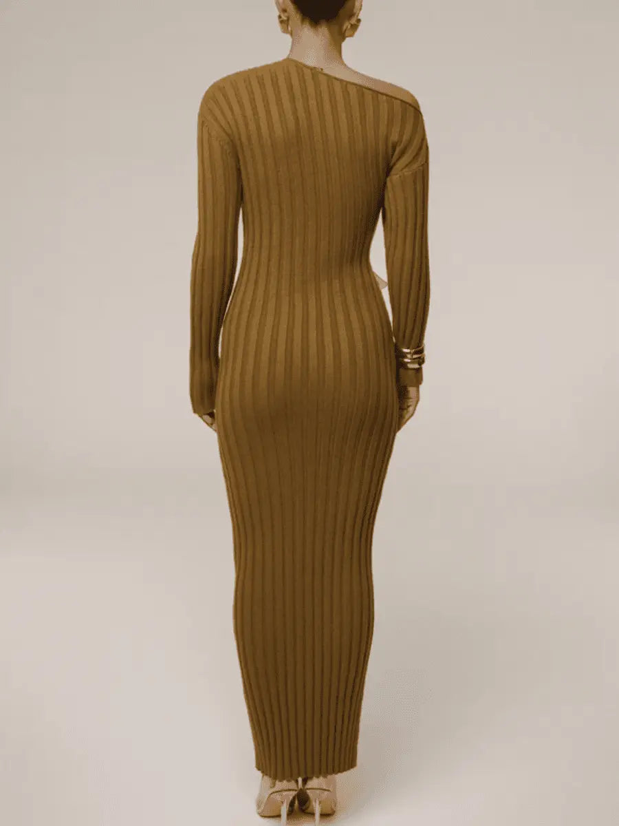 Elegant Asymmetric One - Shoulder Ribbed Knit Midi Dress - laseze