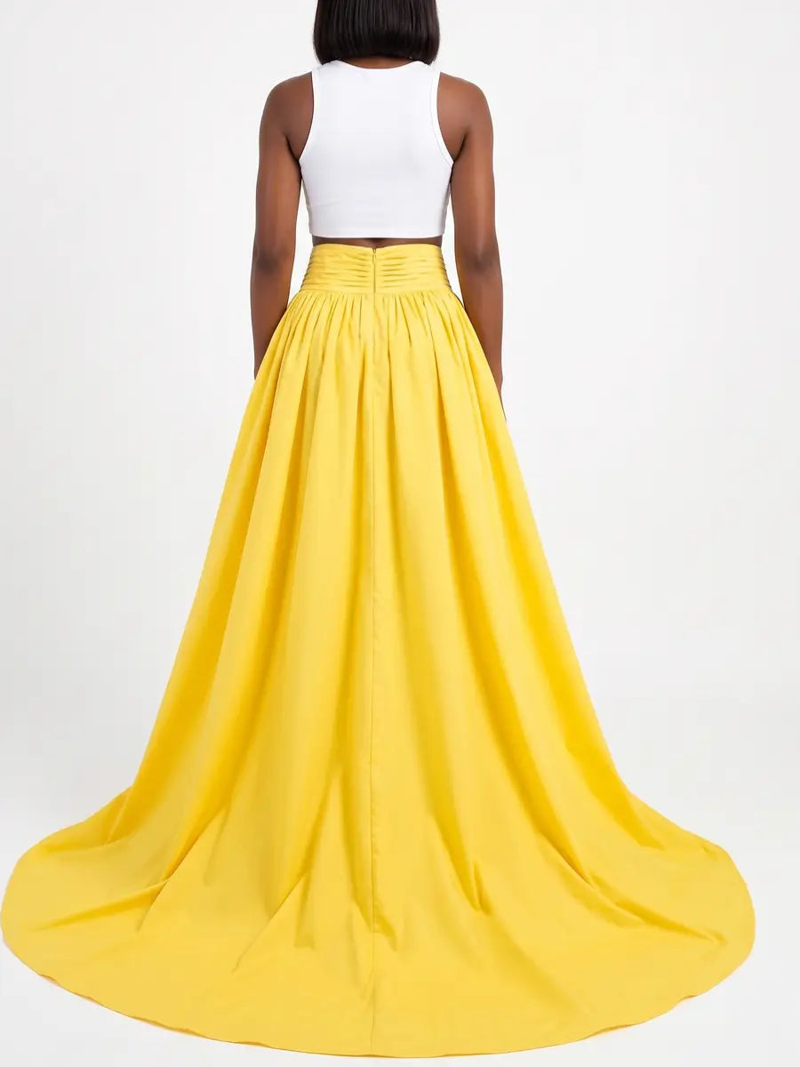 Elegant High - waisted Pleated Bright Yellow Maxi Dress - laseze