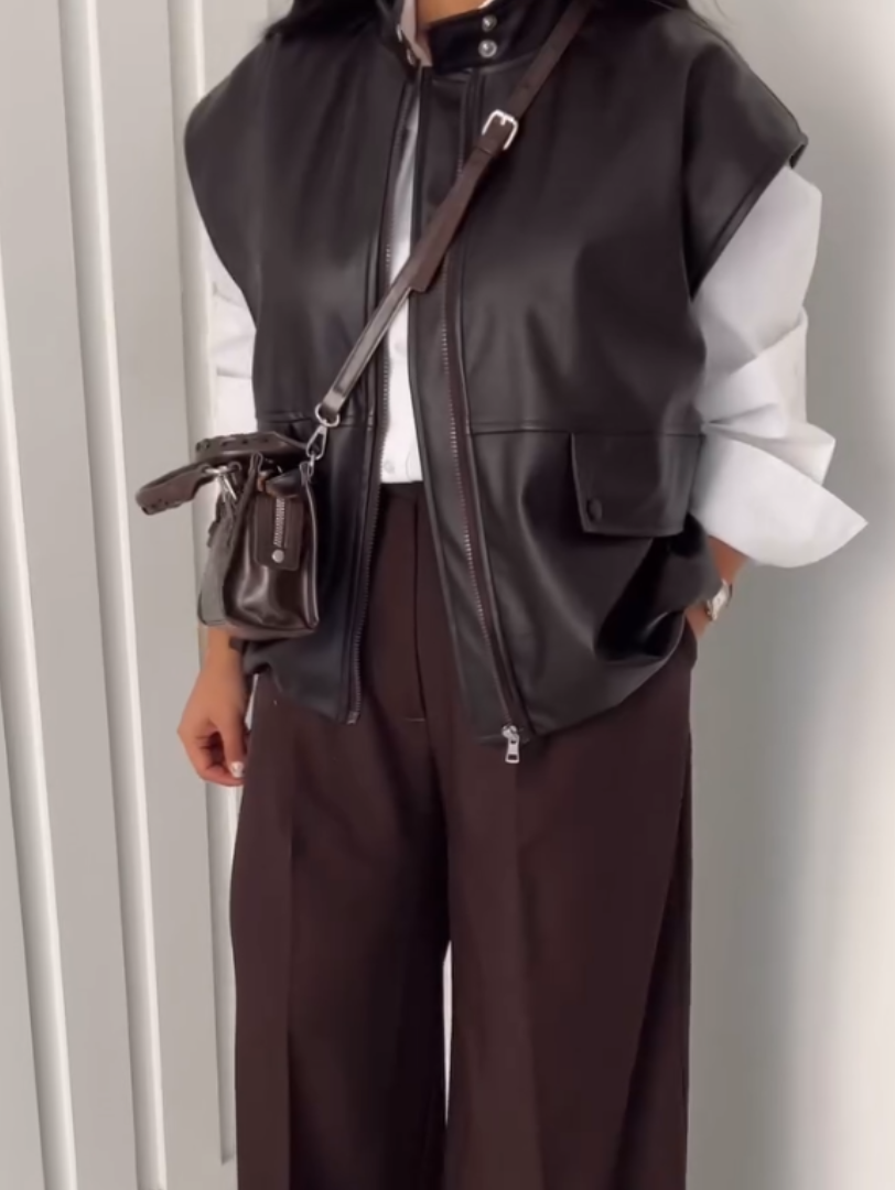 Sleek Faux Leather Sleeveless Jacket