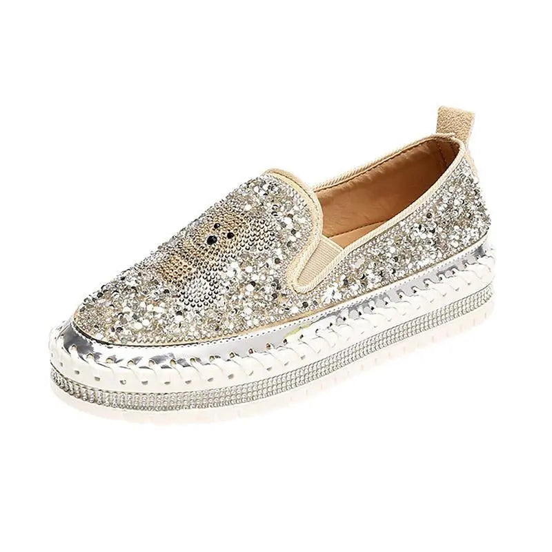 Fashion Rhinestone Sequins Bear Hand-stitched Casual Flat Shoes haichic