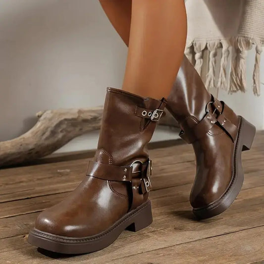 Faux Leather Buckle Strap Mid Calf Boots haichic