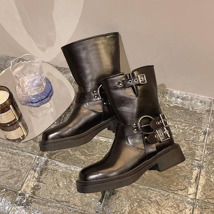 Faux Leather Buckle Strap Mid Calf Boots - laseze