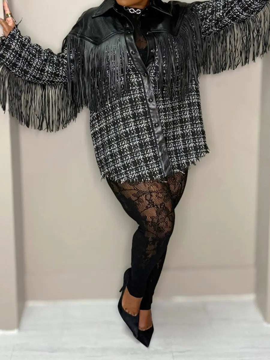 Faux Leather Trim Tweed Shacket laseze