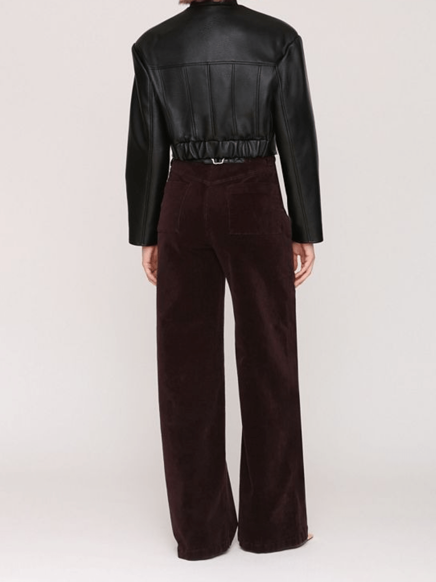 Faux Leather Women's Wide Shoulder Cropped Jacket laseze