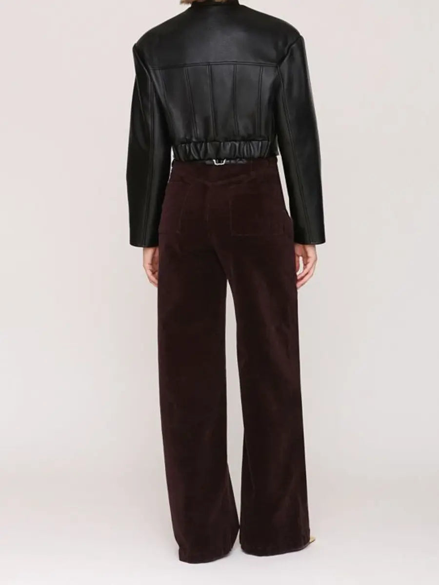Faux Leather Women's Wide Shoulder Cropped Jacket laseze
