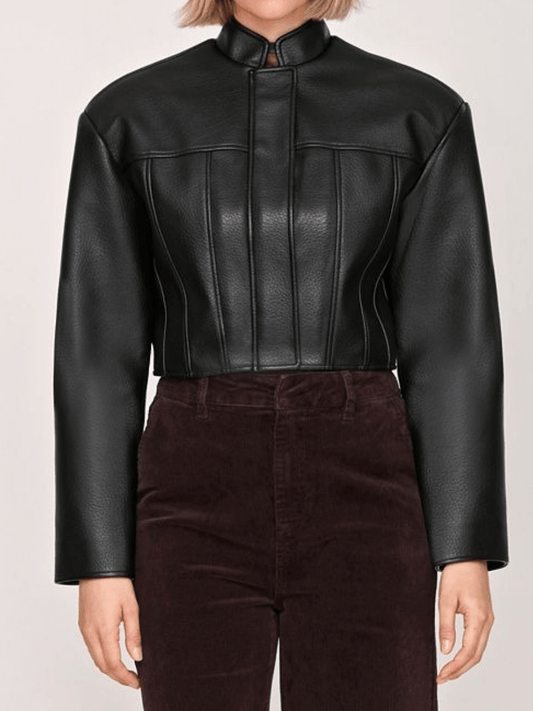 Faux Leather Women's Wide Shoulder Cropped Jacket laseze