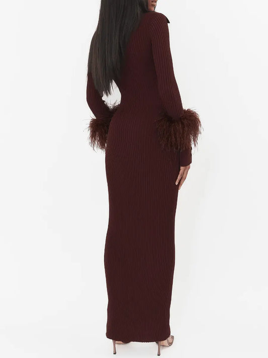 Feather-Embellished Cuff Knit Dress laseze