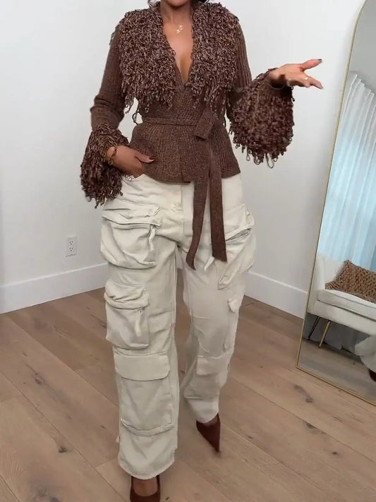 Fringe Tie Waist Deep V Neck Cardigan speciaic