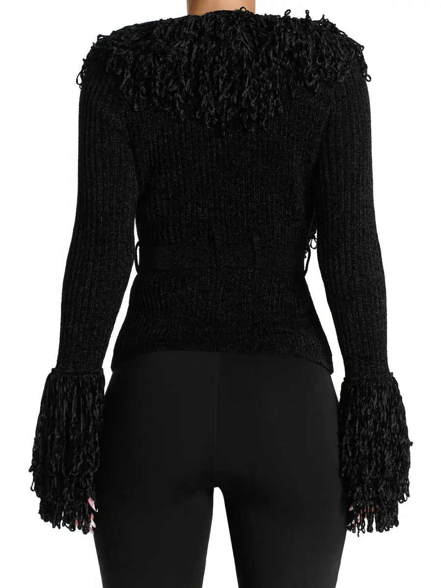 Fringe Tie Waist Deep V Neck Cardigan speciaic