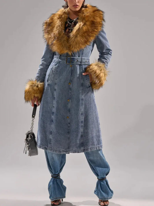 Fur-Trimmed Denim Coat laseze