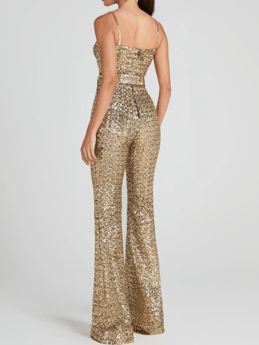 Gold All - Over Sequin Belted Flare - Leg Jumpsuit - laseze