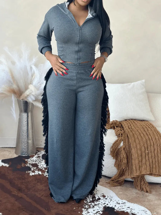 Hoodie Side Tassel Trim Pants Set - laseze