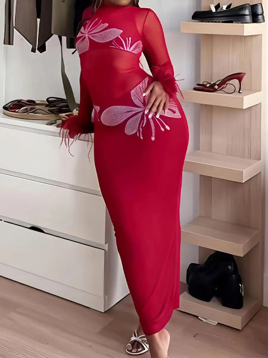 Hot Drilling See-through Feathered Cuffs Dress laseze