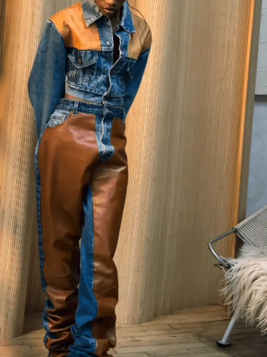 Leather Patchwork Denim Retro Set laseze