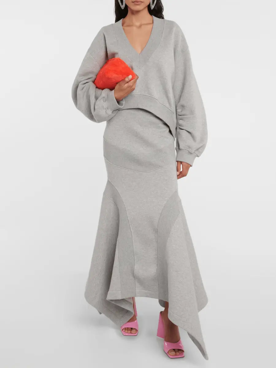 Light Gray Oversized Sweatshirt-Mermaid Skirt Set laseze